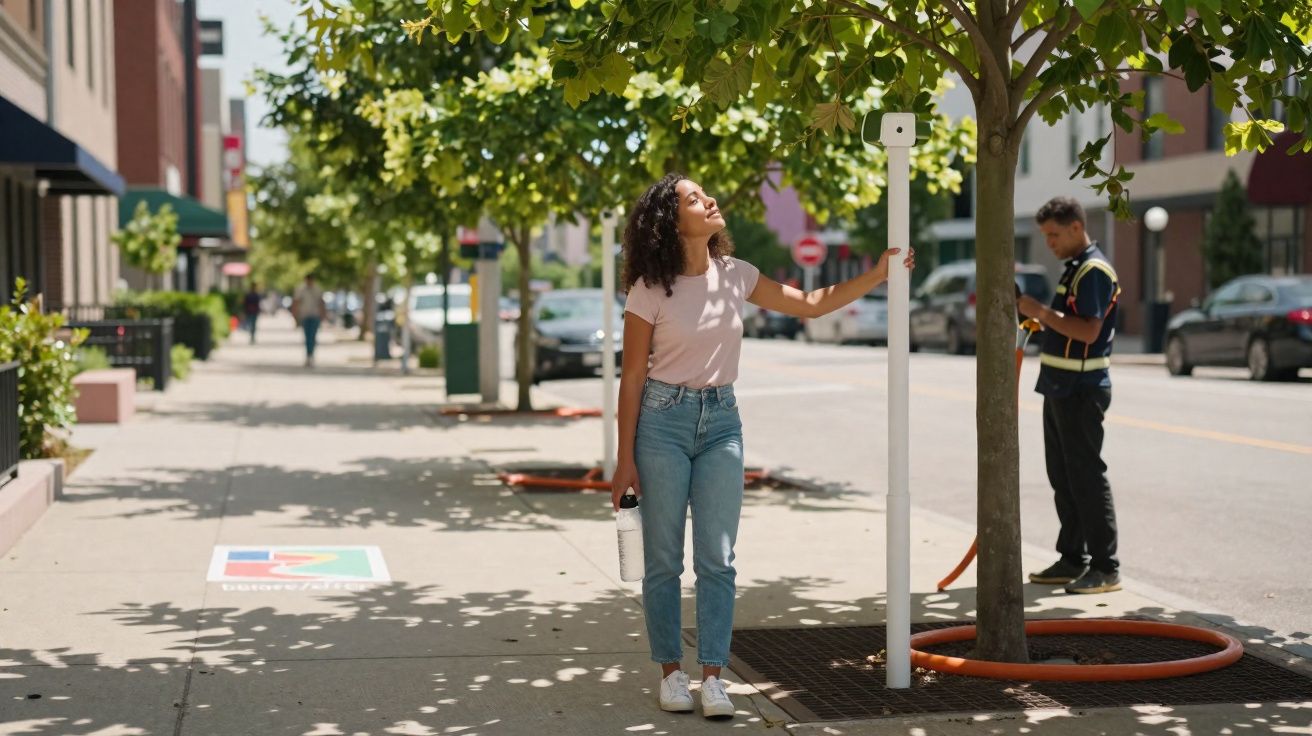 Mulher observando sensor ambiental instalada em árvore na calçada de rua urbana ensolarada.
