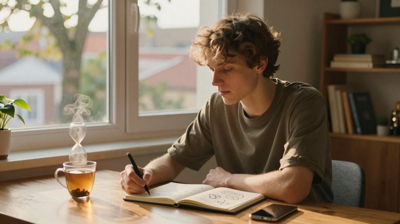 Jovem sentado à mesa escrevendo em caderno, com xícara de chá fumegante ao lado e janela ao fundo.