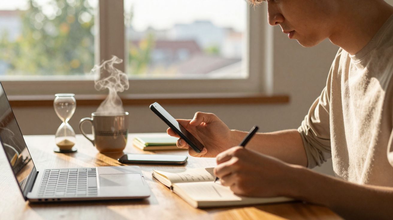Pessoa usando celular e escrevendo em caderno ao lado de laptop, xícara com vapor e ampulheta na mesa.