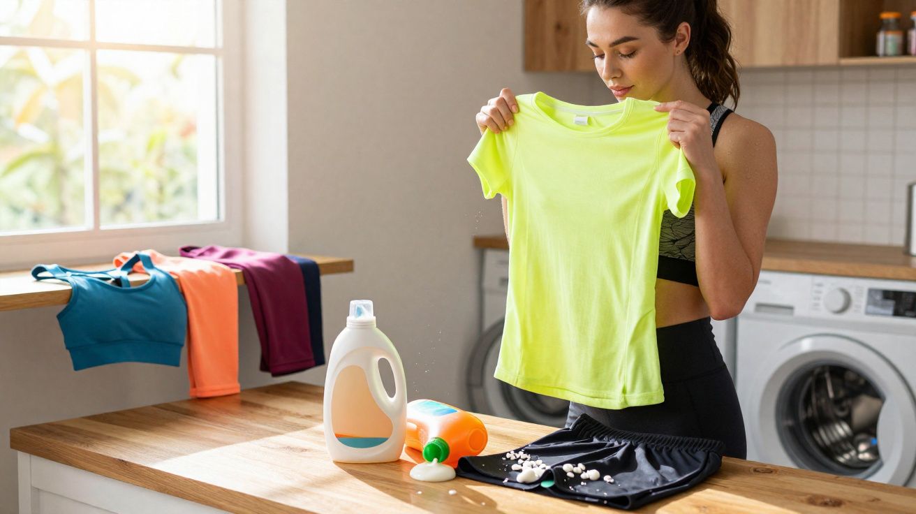 Mulher inspecionando camiseta verde clara enquanto faz lavanderia na cozinha com máquina e produtos de limpeza.