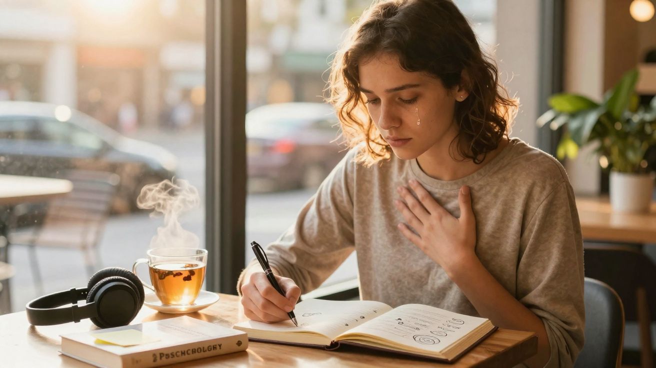 Mulher emocionada escrevendo em caderno em mesa com chá quente e fones de ouvido ao lado.