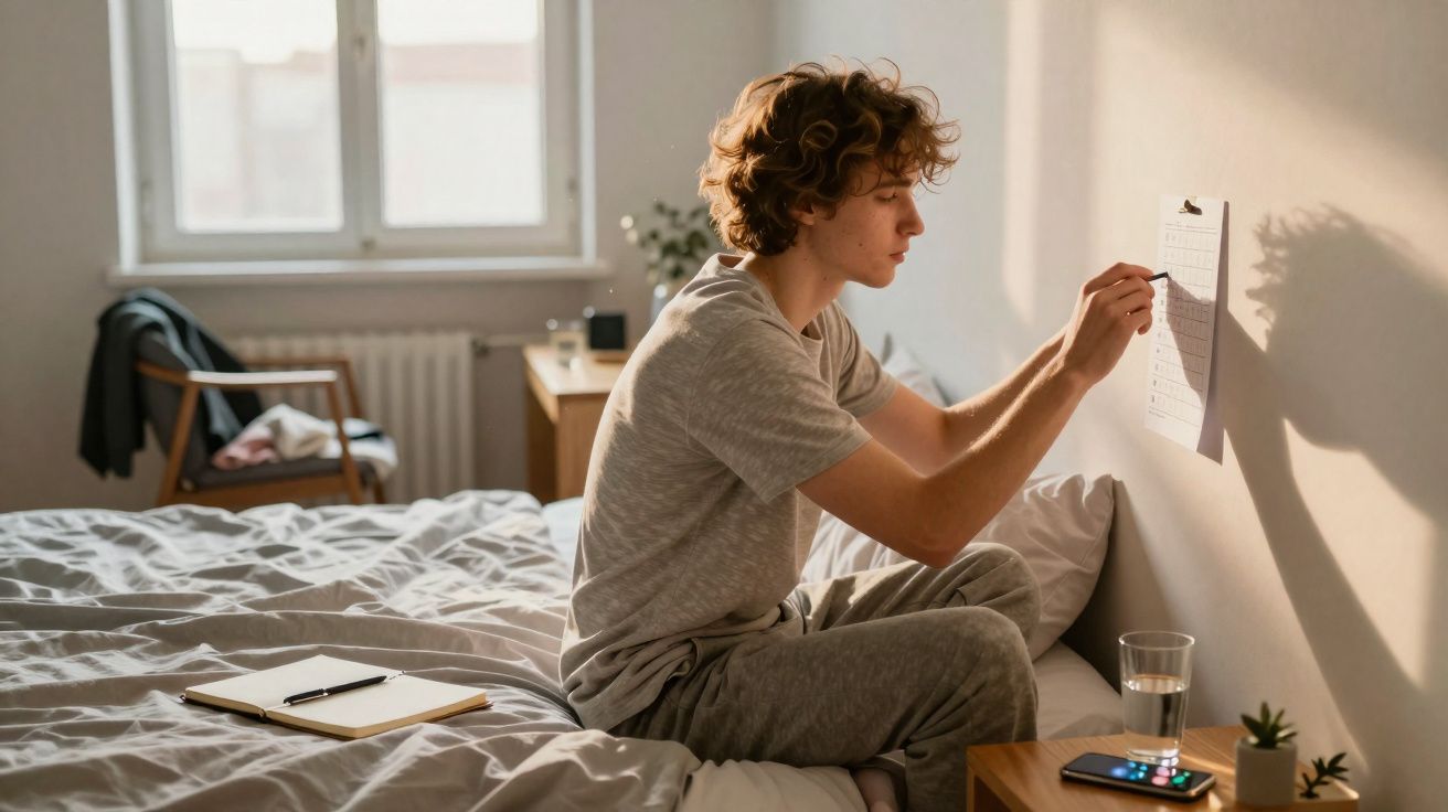 Jovem sentado na cama marca tarefas em checklist preso na parede de quarto iluminado.
