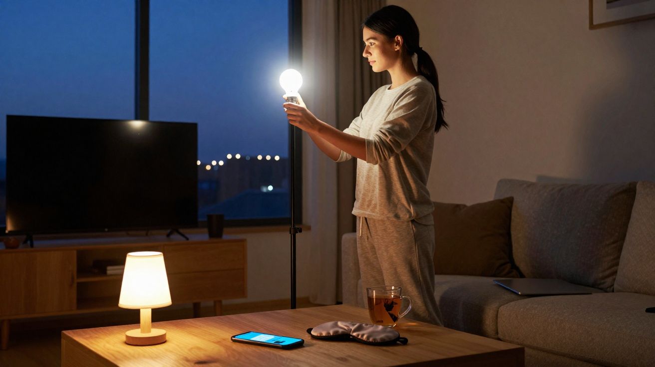 Mulher ajusta lâmpada de pé no sala à noite, com TV e sofá ao fundo, e mesa com celular, máscara e xícara.