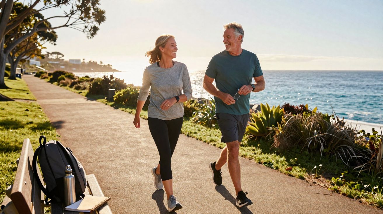 Casal maduro caminhando e sorrindo em calçadão à beira-mar em dia ensolarado.