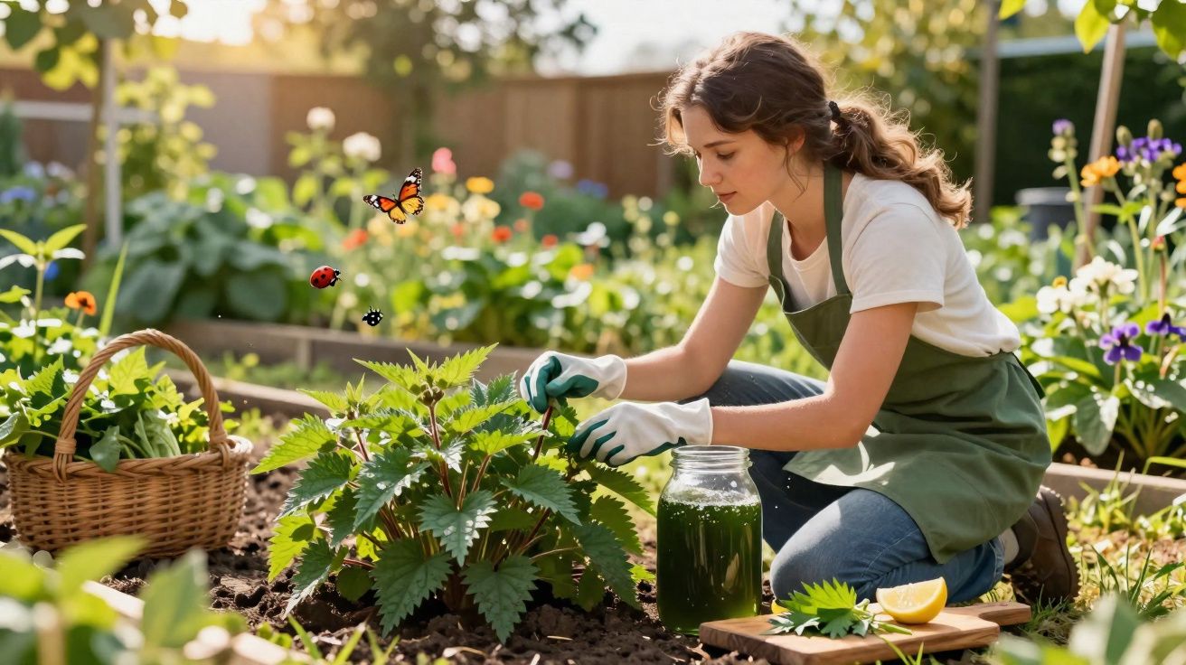 Mulher cuidando de plantas em jardim, com jarra de suco verde e cesta ao lado, borboleta e joaninha voando.