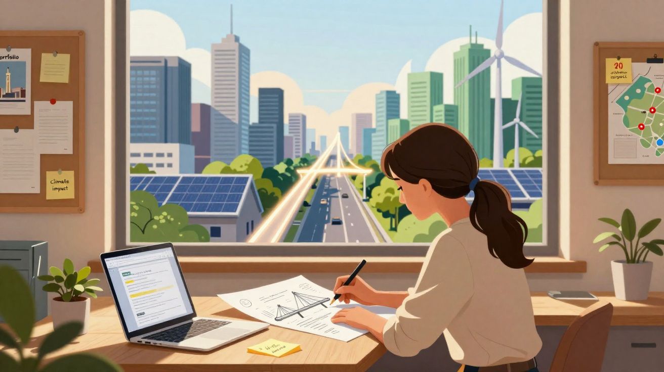 Mulher desenhando projeto sustentável em escritório com vista para cidade com painéis solares e turbinas eólicas.