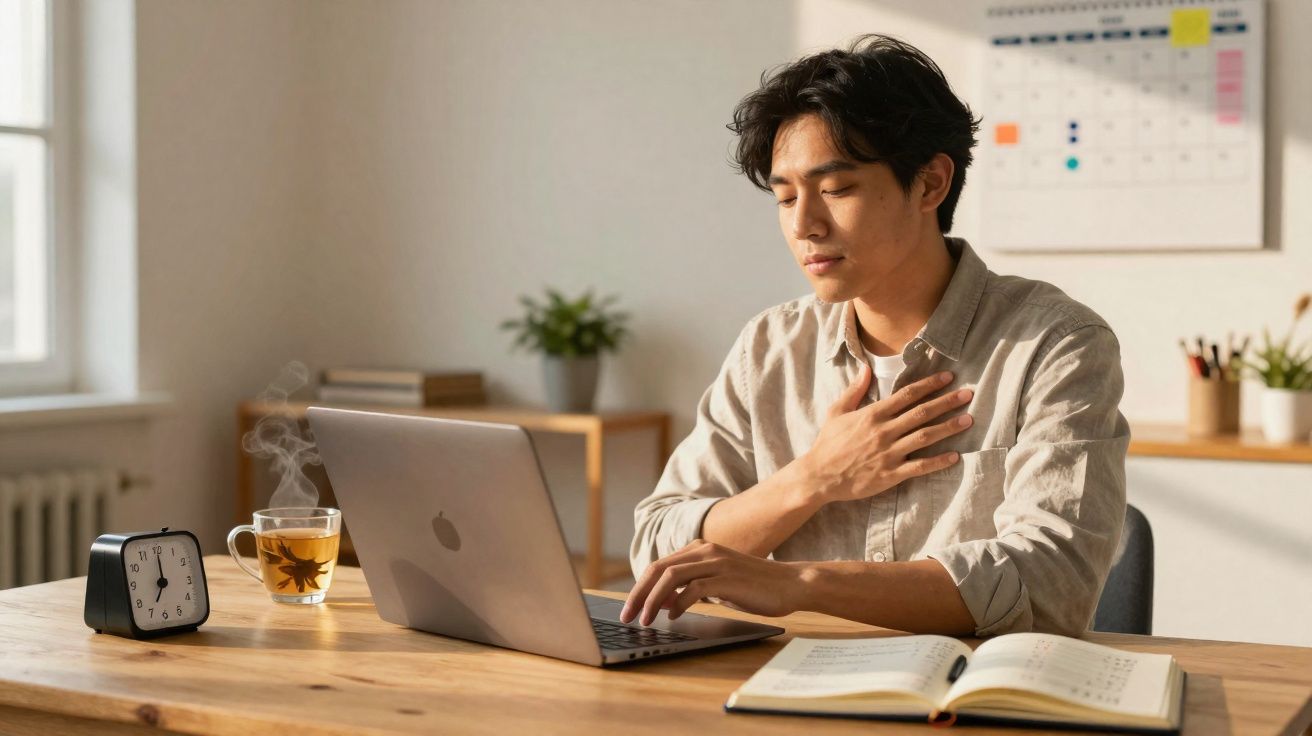 Jovem sentado em mesa com notebook, livro aberto e xícara de chá, tocando o peito com expressão de alívio.