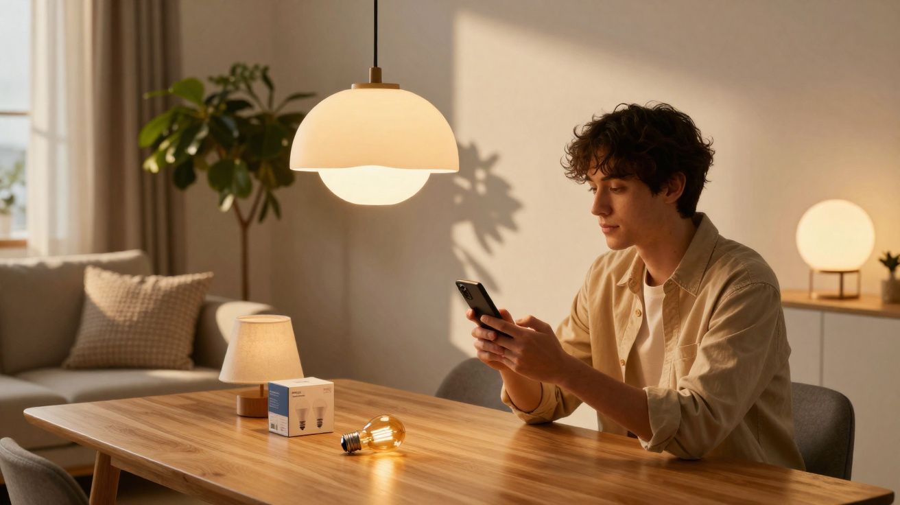 Jovem sentado à mesa de madeira em sala com iluminação aconchegante, usando celular.