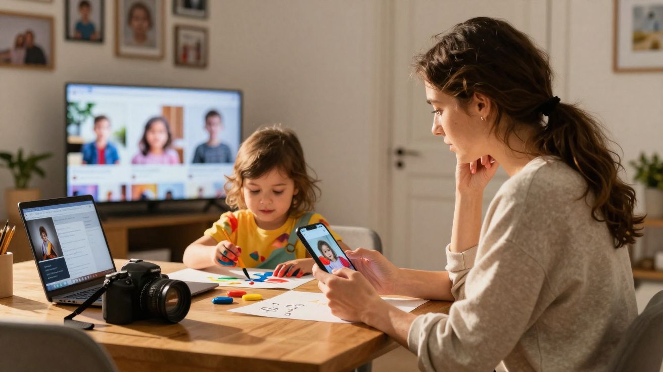 Mulher usando celular e criança pintando em mesa com laptop e câmera em sala iluminada.