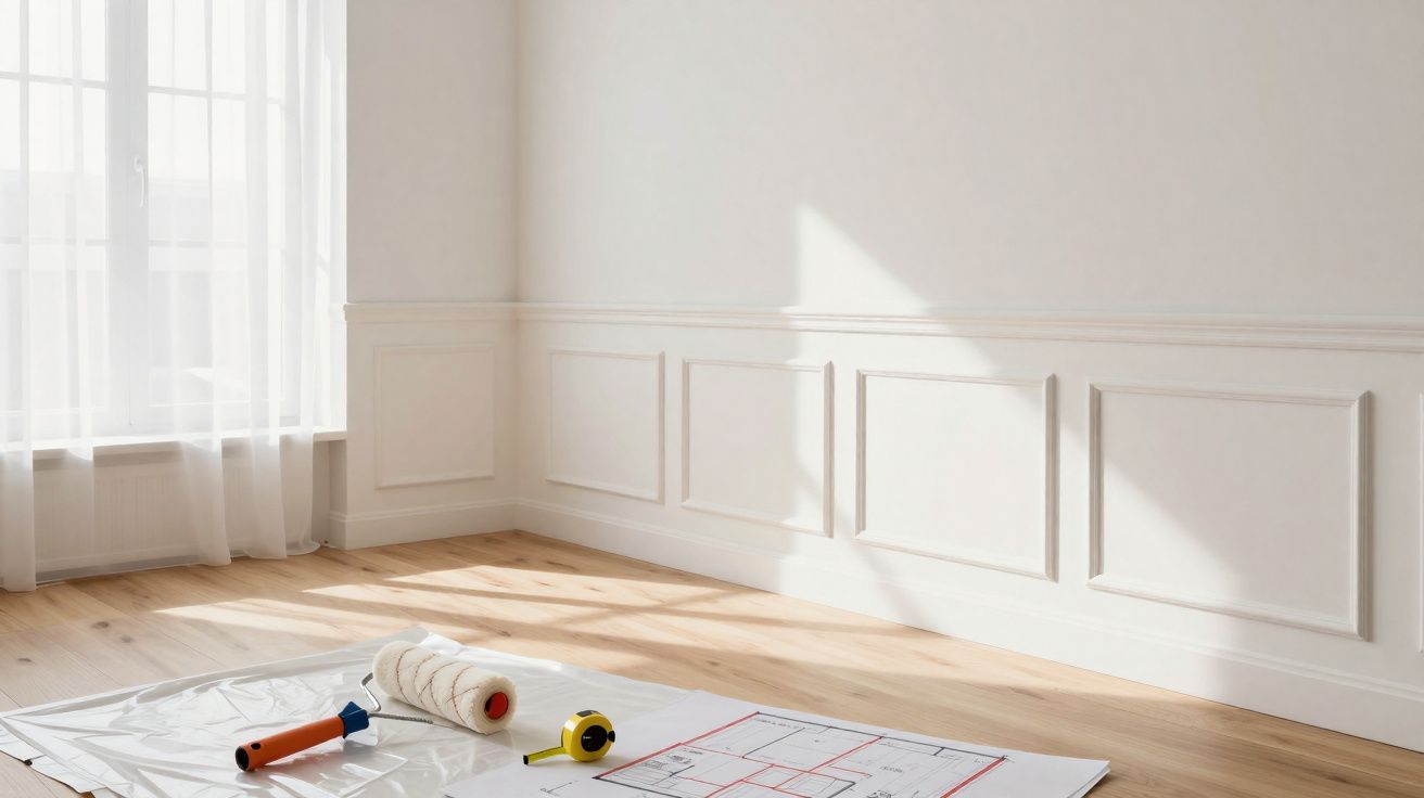 Sala vazia com piso de madeira, parede branca e materiais de pintura sobre planta no chão.