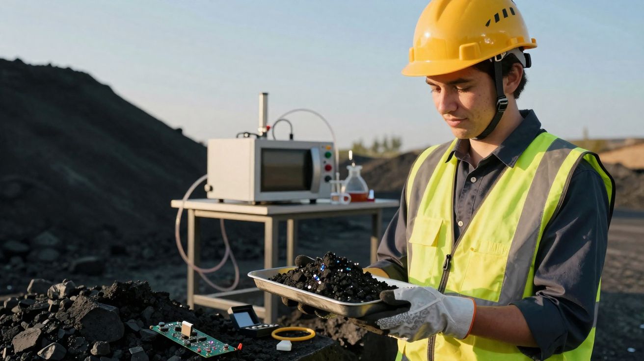 Homem com capacete e colete segurando bandeja com amostras de carvão em área industrial ao ar livre.