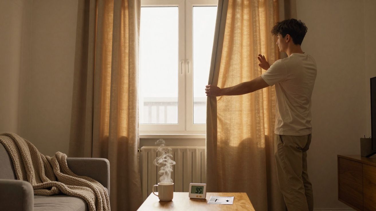 Jovem abrindo cortina em sala iluminada por luz natural com xícara de chá emitindo vapor na mesa.