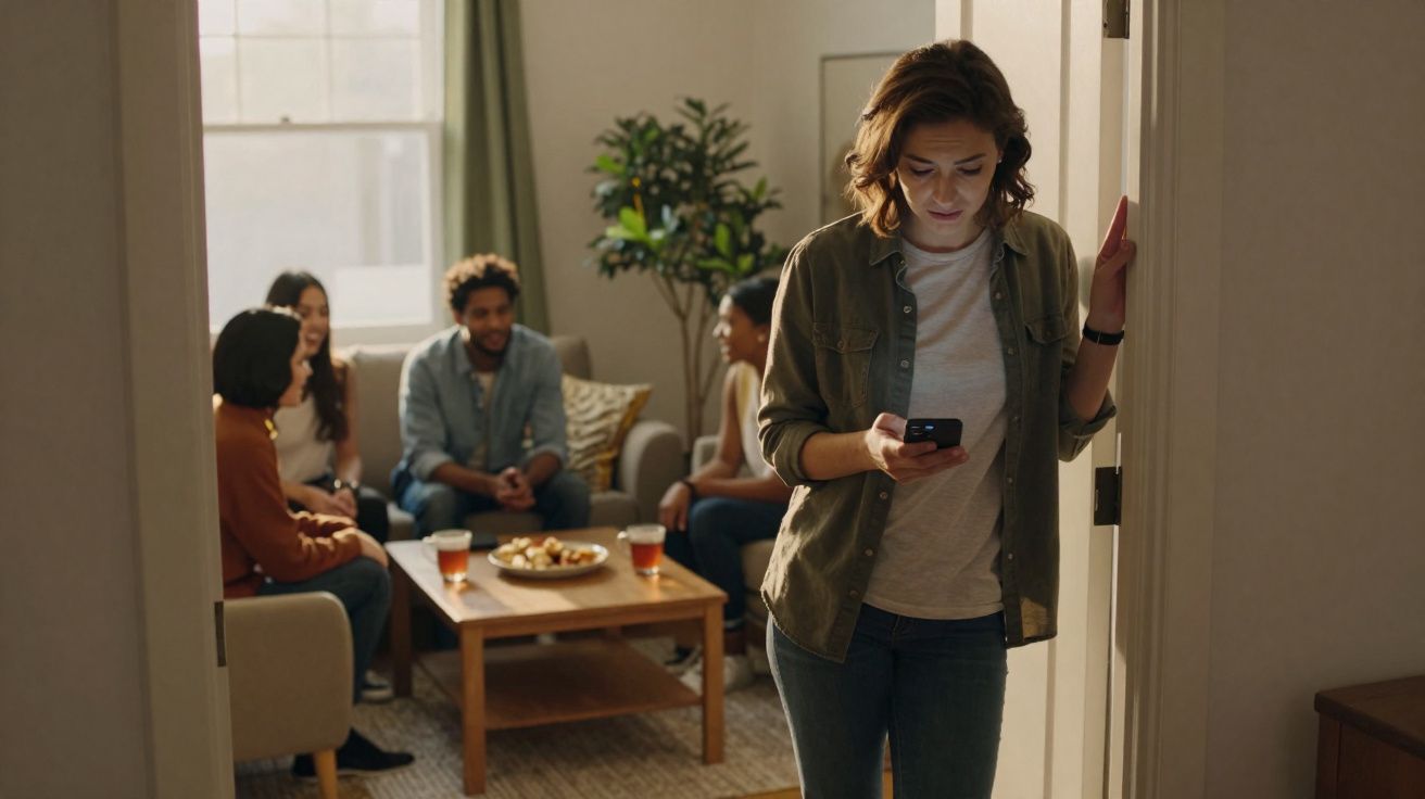 Mulher isolada olhando o celular enquanto quatro pessoas conversam em sala atrás dela.