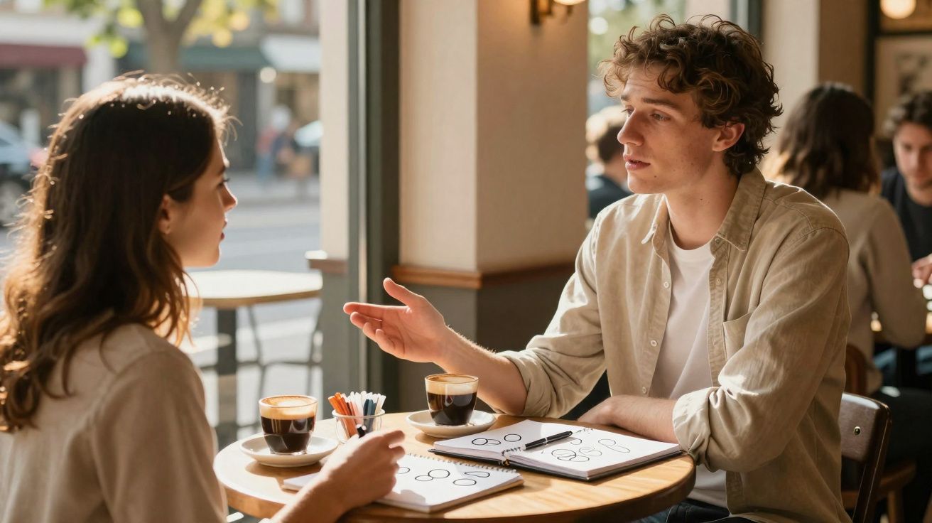 Dois jovens conversando em cafeteria, com cadernos e cafés sobre a mesa redonda junto à janela.