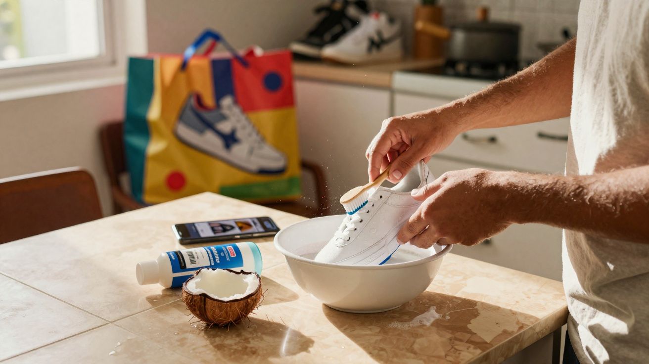 Pessoa limpando tênis branco com escova e produtos de limpeza sobre mesa de cozinha.