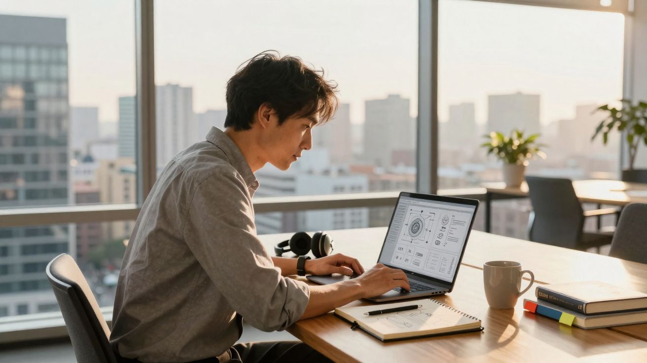 Homem jovem trabalhando em laptop com gráficos em escritório iluminado pela luz do dia e vista urbana ao fundo.