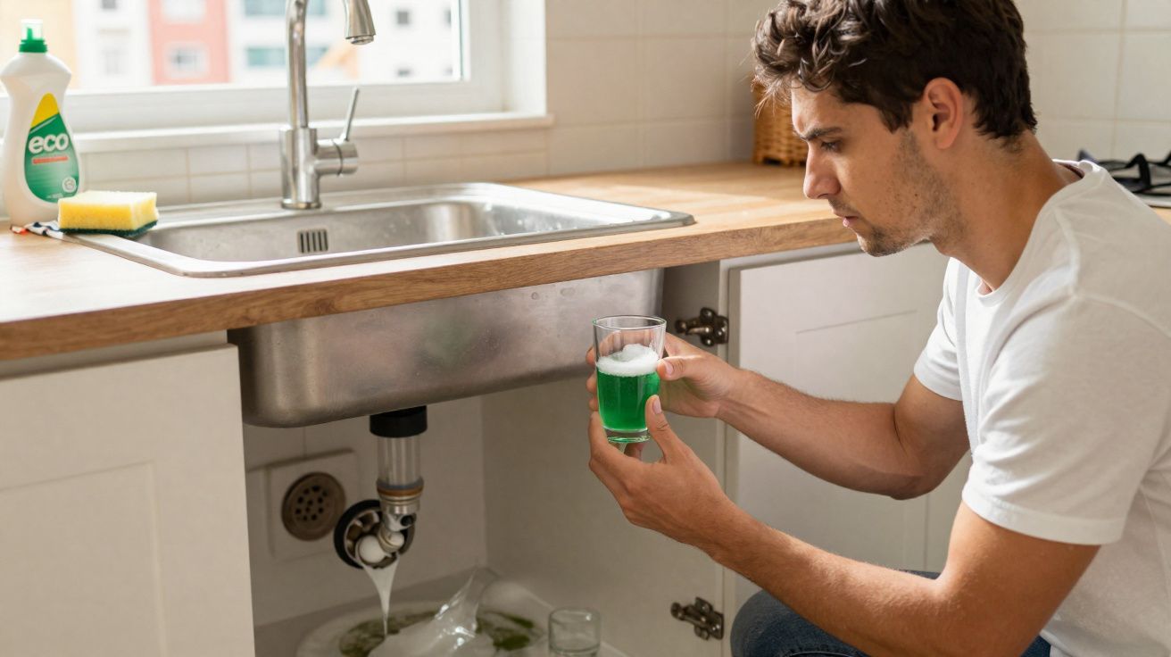 Homem verificando vazamento de água sob a pia da cozinha com copo contendo líquido verde.