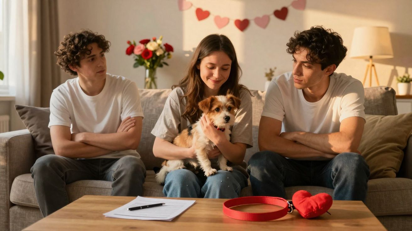 Três jovens sentados em sofá, mulher acaricia cachorro pequeno com coleira vermelha na mesa à frente.