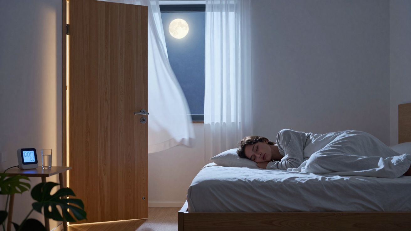 Mulher dormindo em quarto escuro com janela aberta, cortina esvoaçante e lua cheia no céu noturno.
