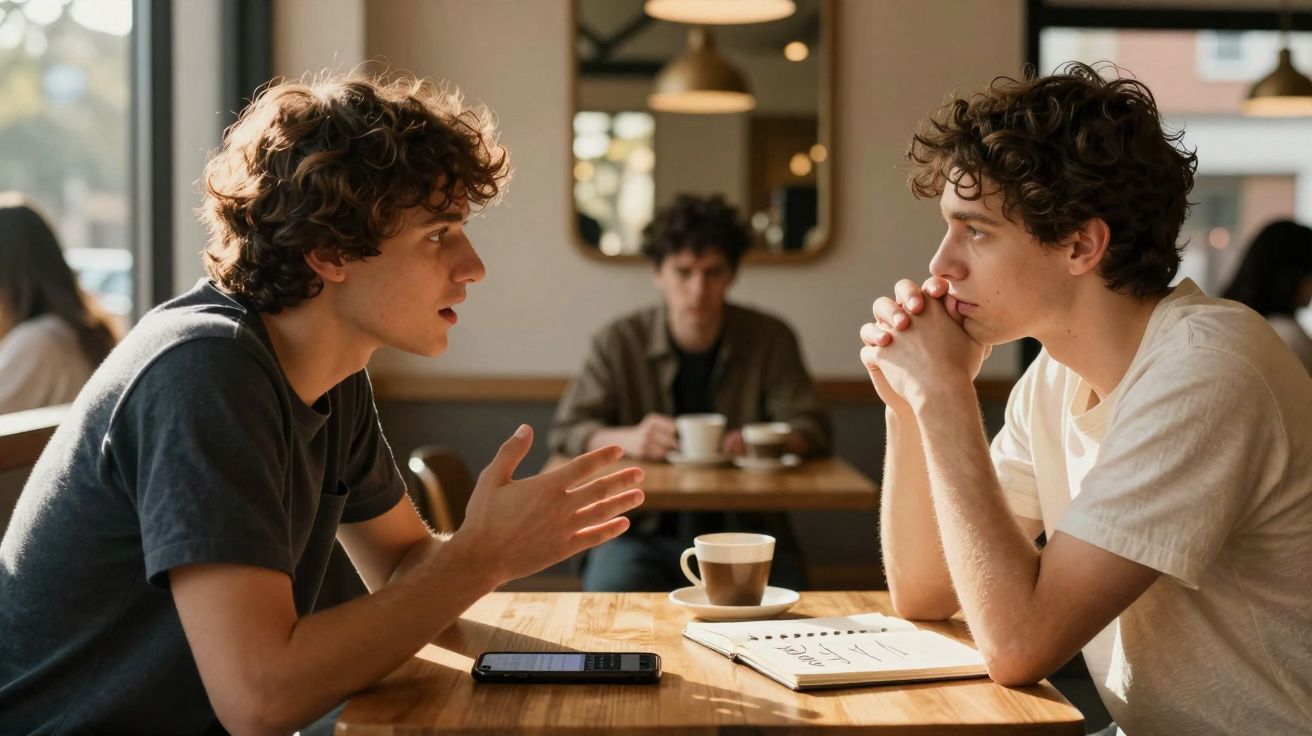 Dois jovens conversando seriamente em uma cafeteria com café e um caderno na mesa.
