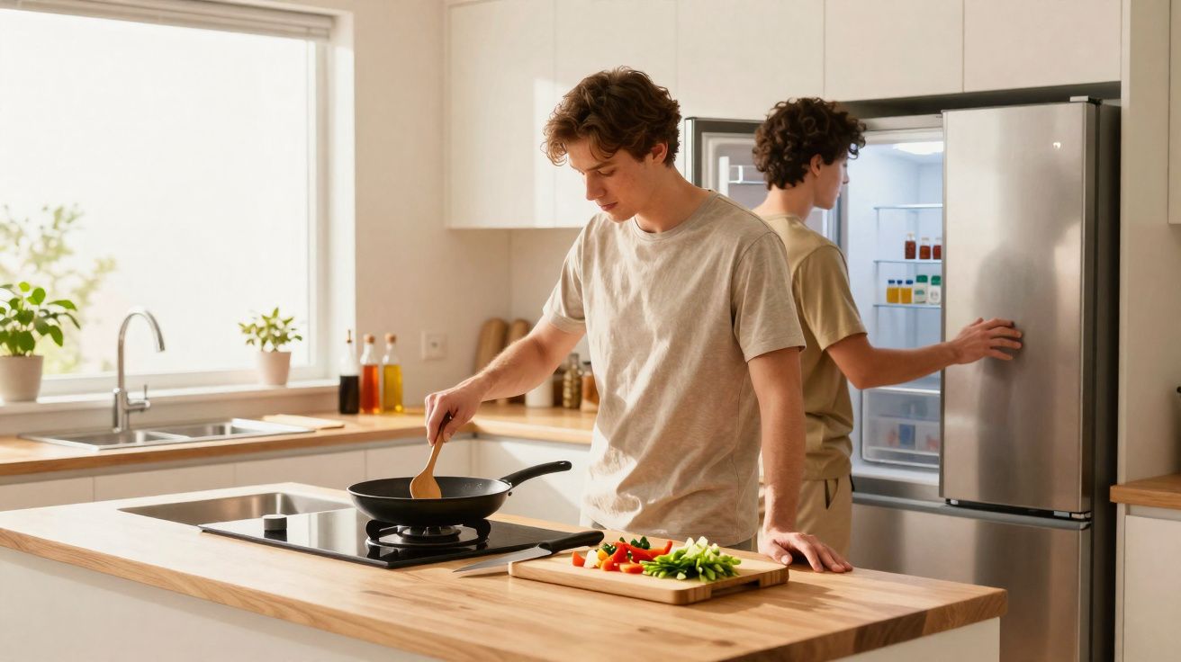 Homem jovem cozinhando em cozinha moderna, mexendo comida na frigideira com legumes frescos na bancada.