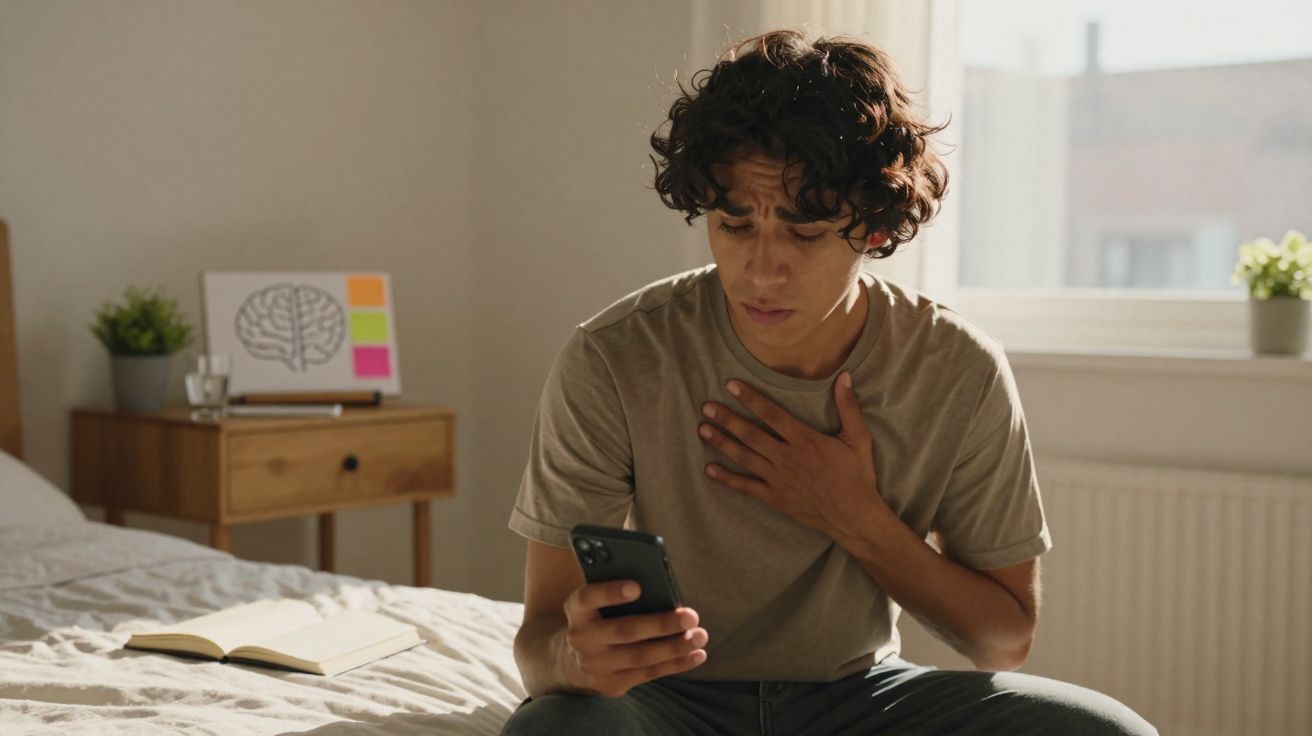 Jovem sentado na cama com expressão preocupada, olhando para o celular e segurando o peito.