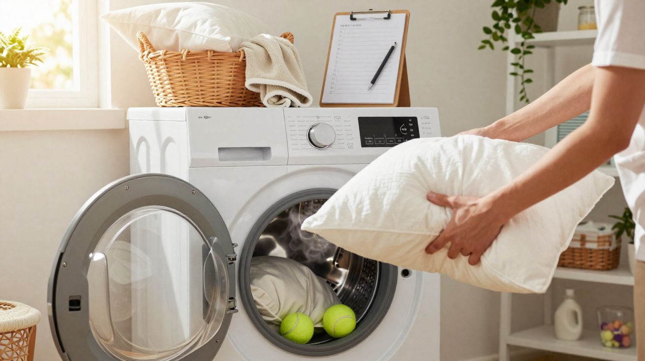 Pessoa colocando travesseiro na lavadora com cesta de roupa e prancheta ao fundo em ambiente iluminado.