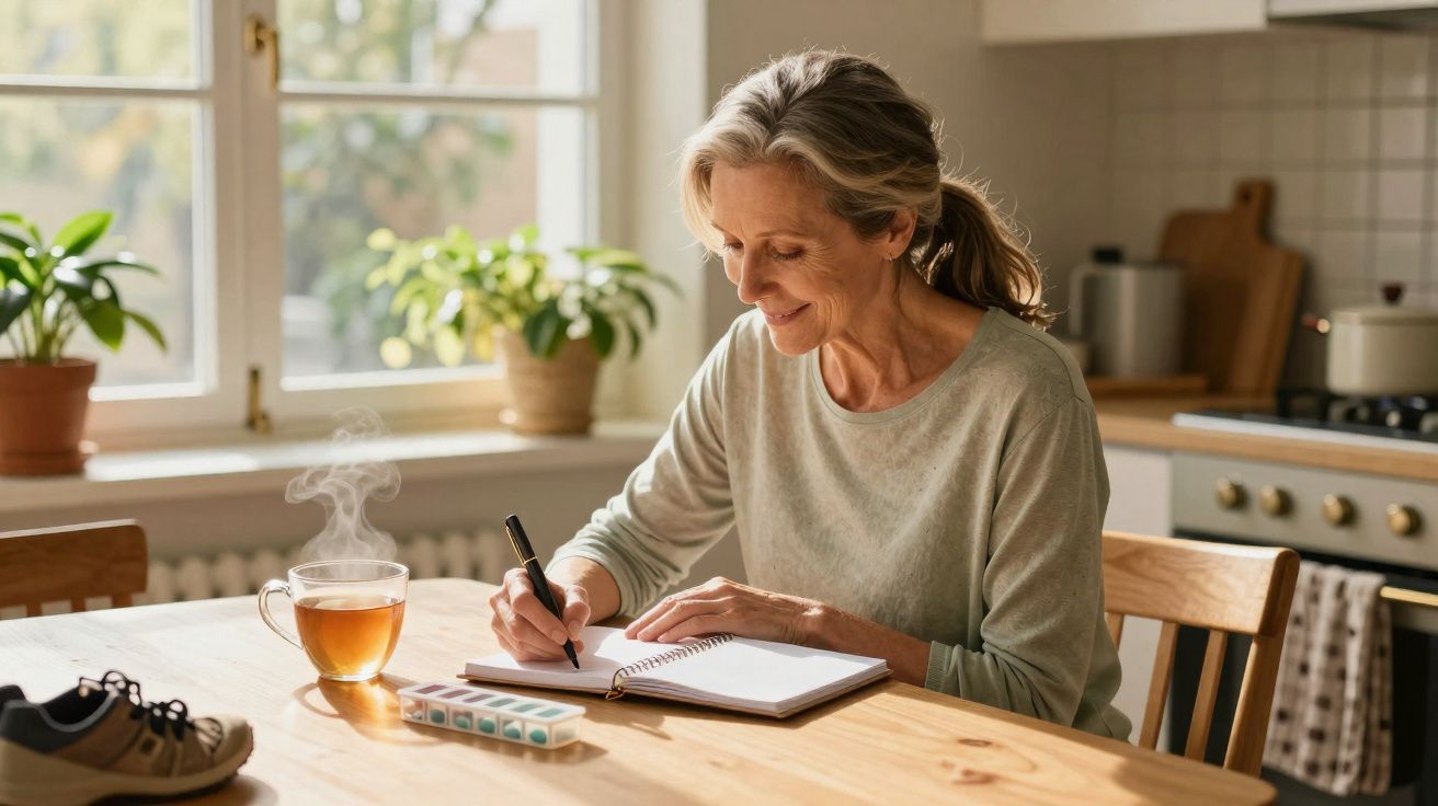 Mulher sorridente escrevendo em caderno à mesa com chá, remédios e tênis ao lado, em cozinha iluminada.