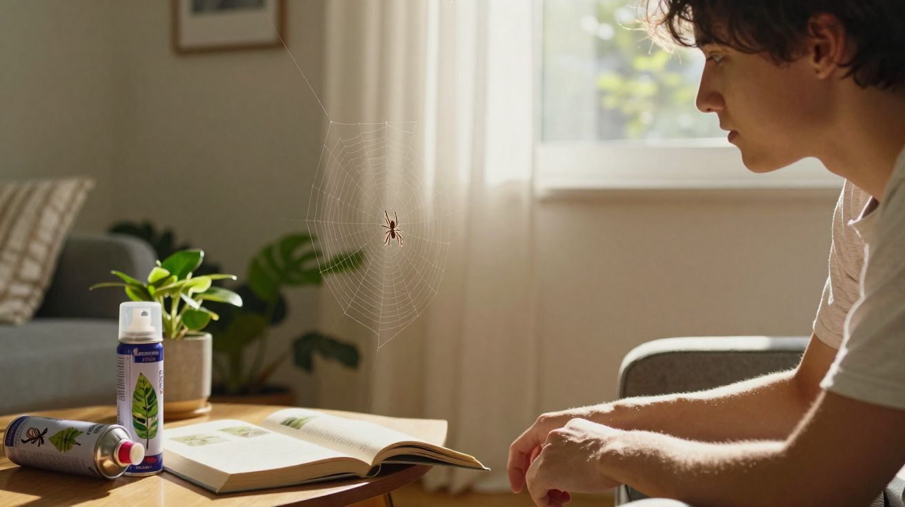 Pessoa observando uma aranha em sua teia perto de livro aberto sobre mesa em ambiente iluminado.