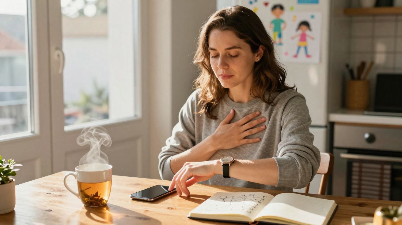 Mulher com mão no peito sentada à mesa com livro aberto, celular e xícara de chá fumegante, em ambiente iluminado.