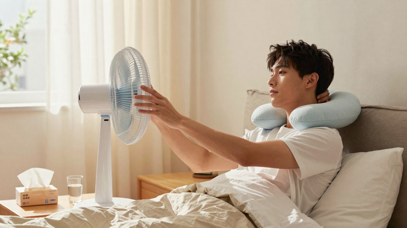 Homem sentado na cama ajusta ventilador, usando almofada de pescoço, em ambiente iluminado naturalmente.