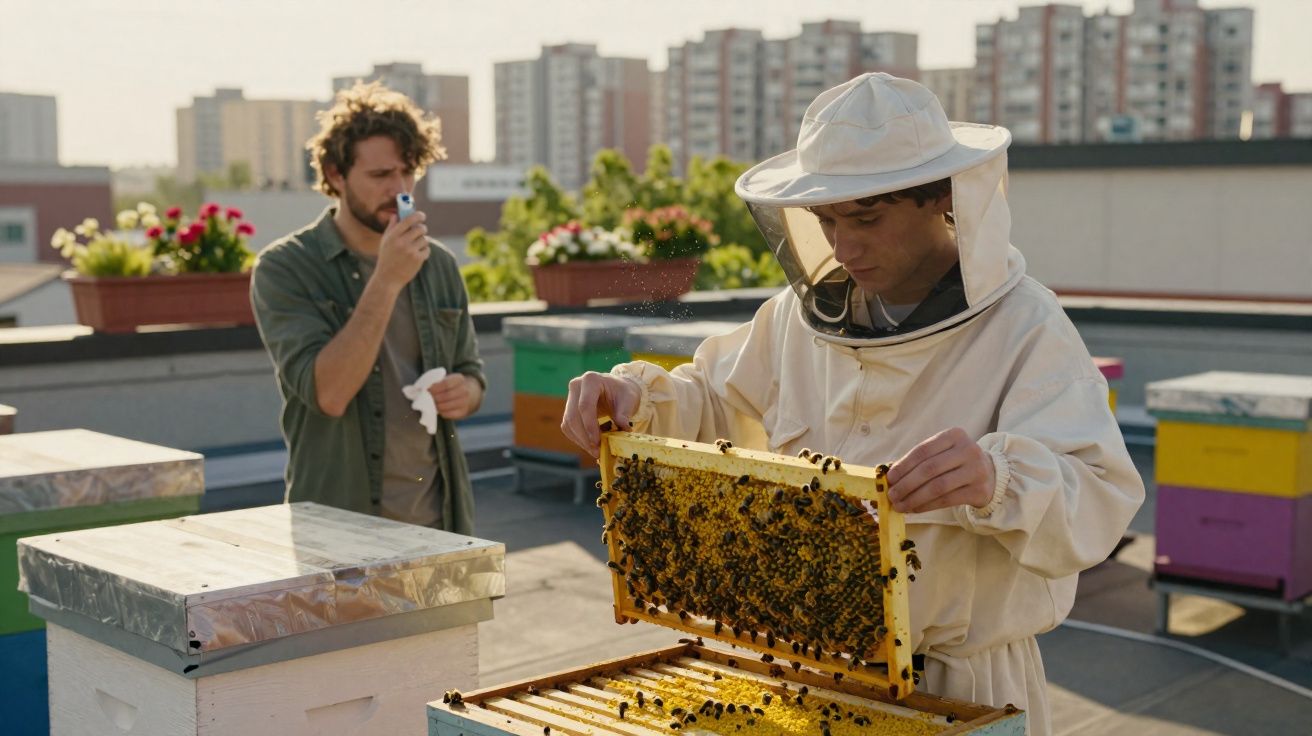 Pessoa vestida com roupa de apicultor segurando quadro de abelhas em telhado urbano com caixas de colmeia.