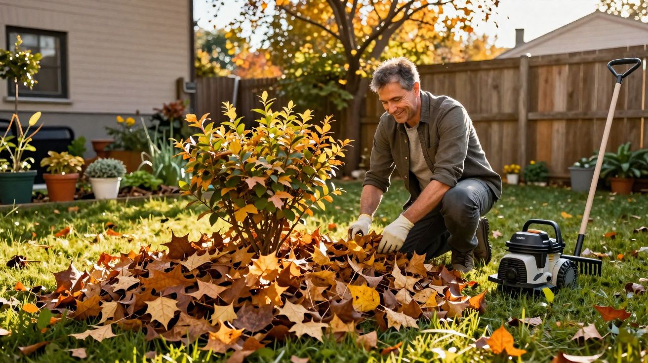 Homem sorridente agachado cuidando de planta em jardim com folhas secas no chão durante o outono.