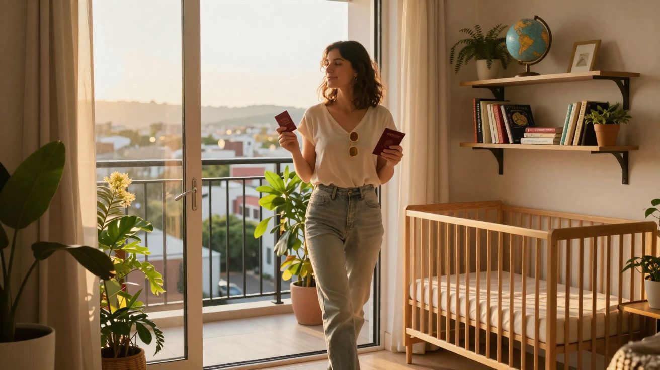 Mulher com passaportes na mão em quarto iluminado, próxima à porta de sacada com plantas e berço.