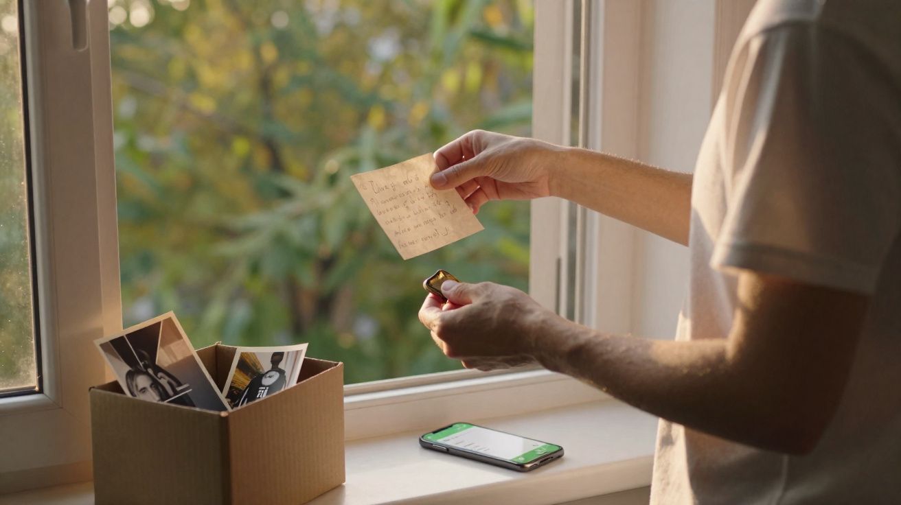 Pessoa abrindo um frasco de remédio segurando uma receita, ao lado caixa com fotos e celular numa janela.