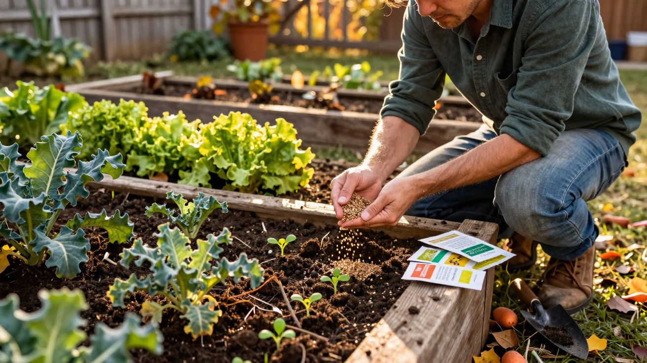 Homem semeando plantas em canteiro de jardim com folhas verdes ao redor em dia ensolarado.