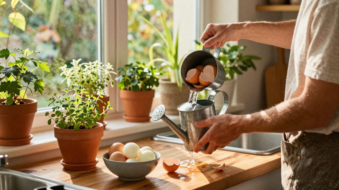 Pessoa despejando cascas de ovos em regador metálico com plantas em vasos na janela iluminada pelo sol.