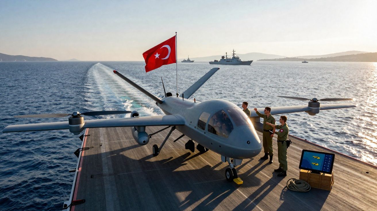 Drones militares turcos em convés de navio com tripulação e bandeira da Turquia ao pôr do sol.