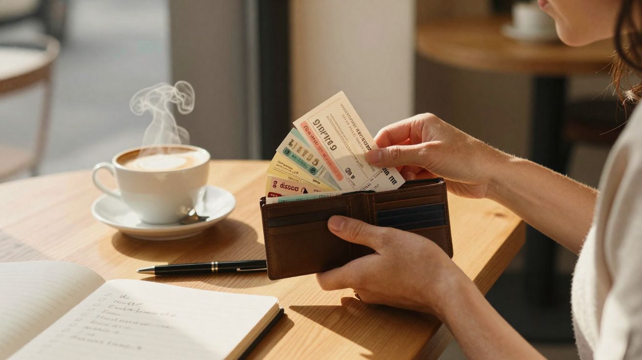 Pessoa segurando carteira com bilhetes em mesa com caderno aberto, caneta e xícara de café com vapor.