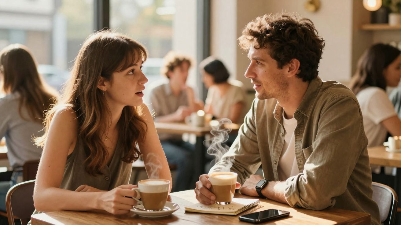 Casal jovem conversando e tomando café em cafeteria aconchegante durante o dia.