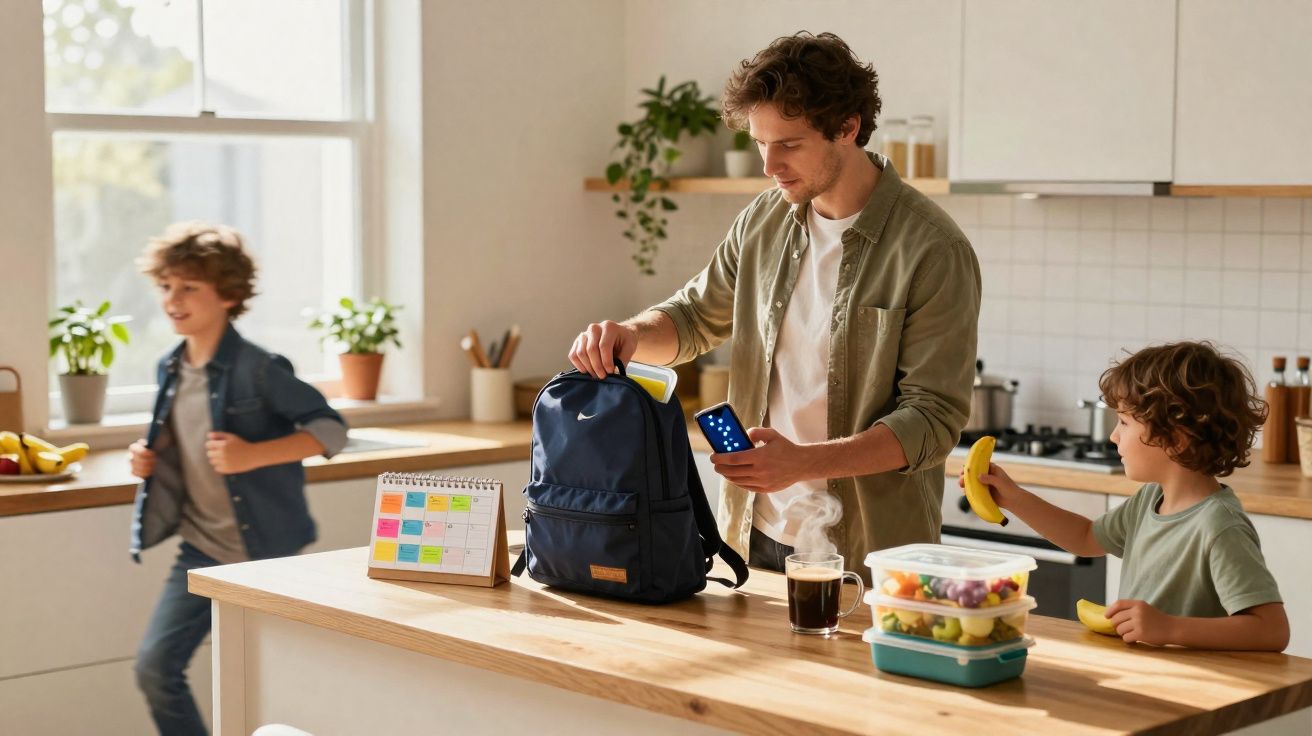 Pai preparando mochila enquanto menino segura banana e outro garoto sai pela cozinha iluminada.