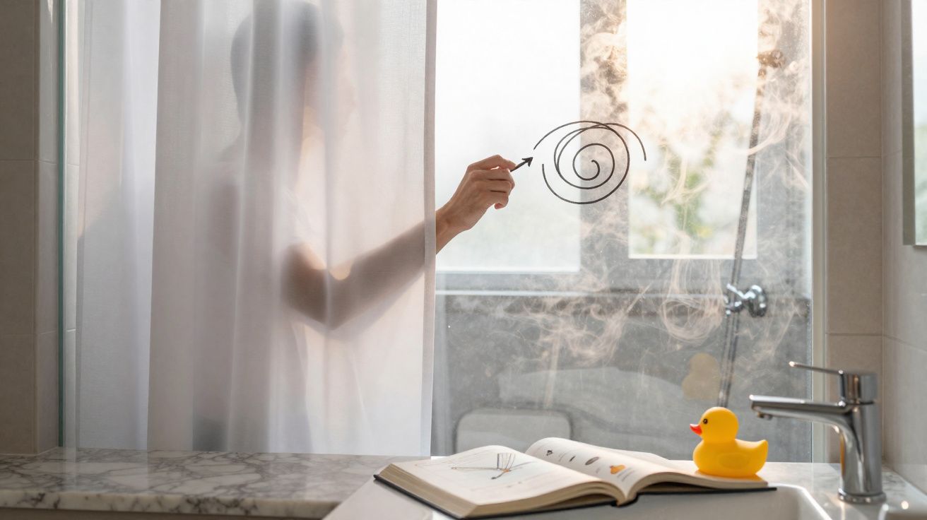 Silhueta de pessoa atrás de cortina de banheiro desenhando espiral no vidro com vapor.