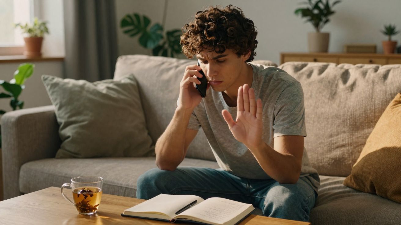 Jovem sentado no sofá, falando ao celular e fazendo gesto de parar com a mão durante conversa.