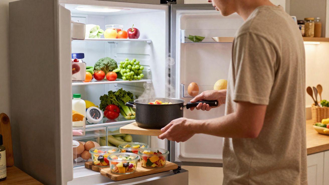 Pessoa colocando panela quente dentro da geladeira cheia de frutas, vegetais e potes com salada.