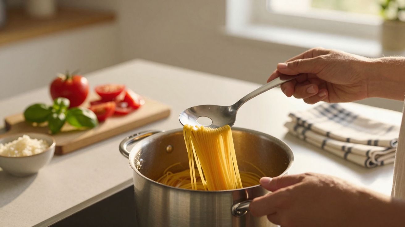 Mãos retirando espaguete cozido de panela com concha em cozinha com tomate e manjericão ao fundo.