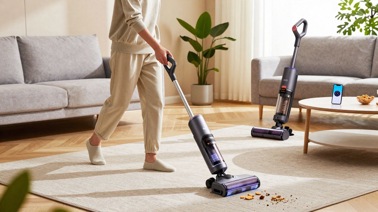 Pessoa usando aspirador sem fio para limpar sujeira em tapete claro em sala de estar moderna.