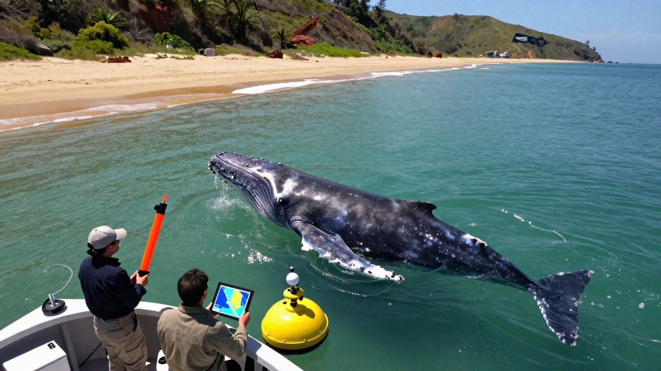 Baleia jubarte próxima à superfície do mar com dois pesquisadores observando em um barco perto da praia.