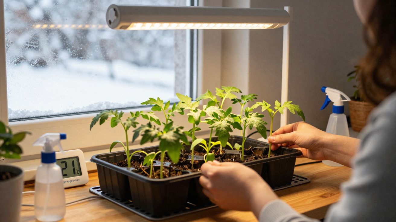 Pessoa cuidando de mudas verdes em bandeja sob lâmpada de cultivo perto de janela com neve externa.