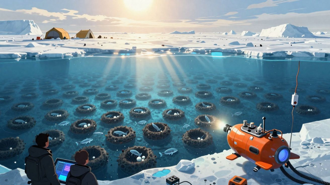 Cientistas observam ninhos de peixes com ovos sob gelo ártico, usando equipamento de pesquisa subaquática.