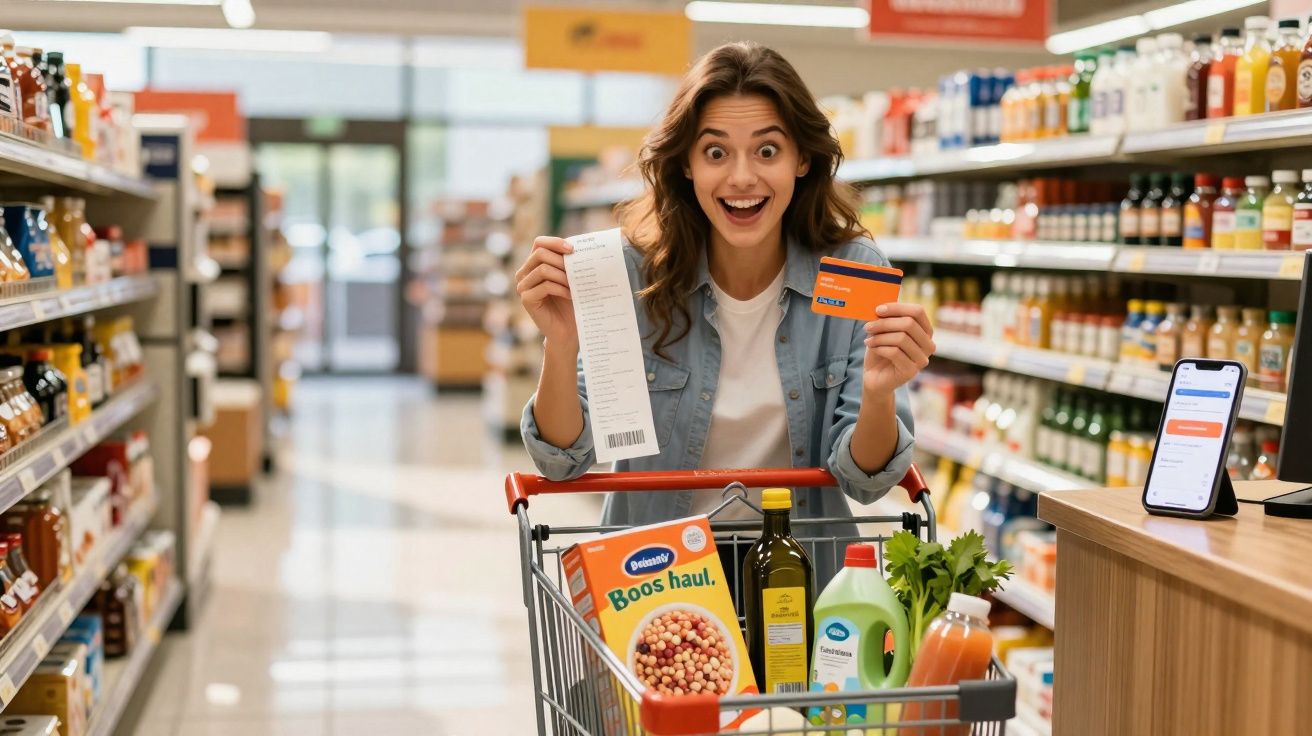 Mulher sorridente em supermercado mostrando cupom e cartão, com carrinho cheio de compras.